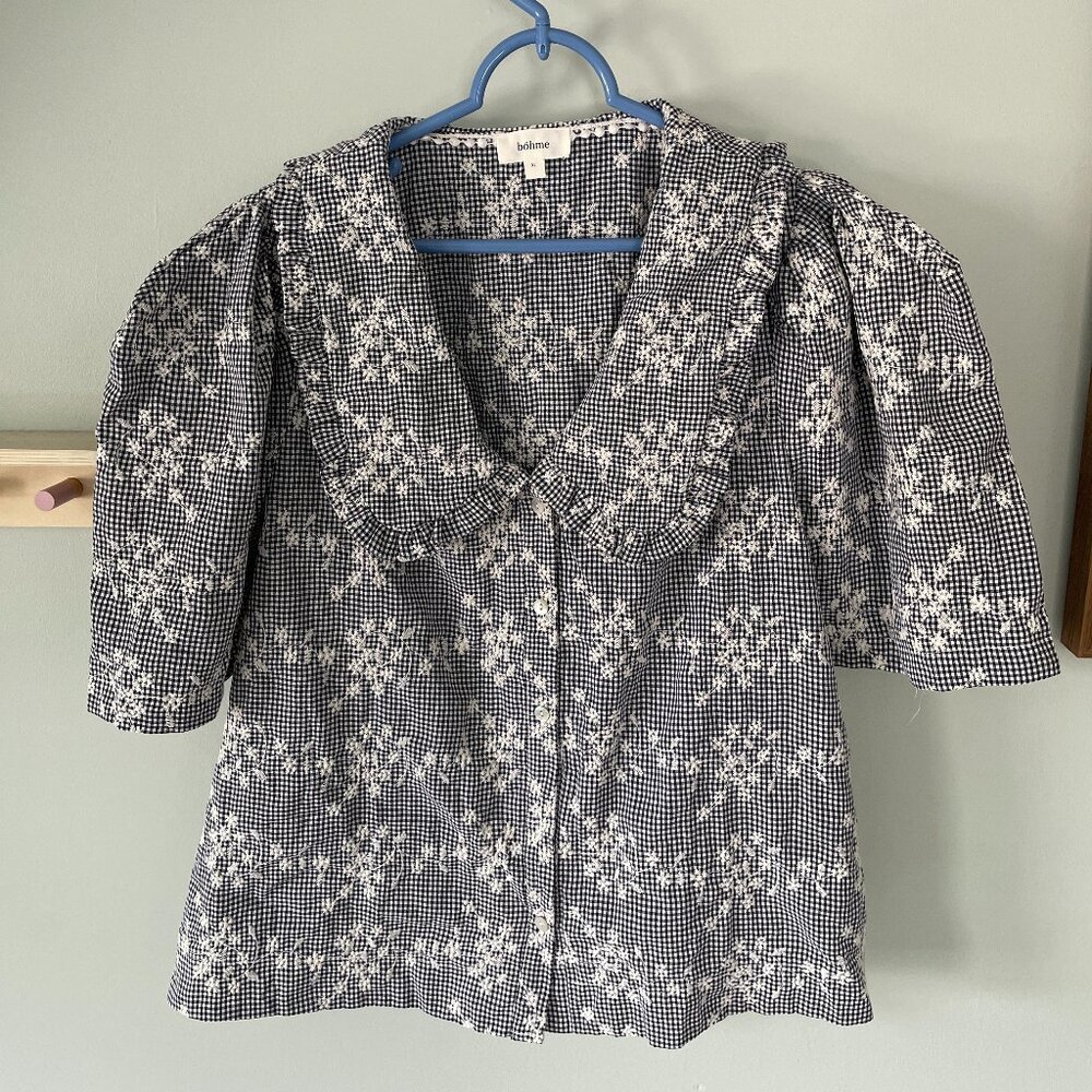 Sezane Navy Floral Gingham Puff-Sleeve Blouse